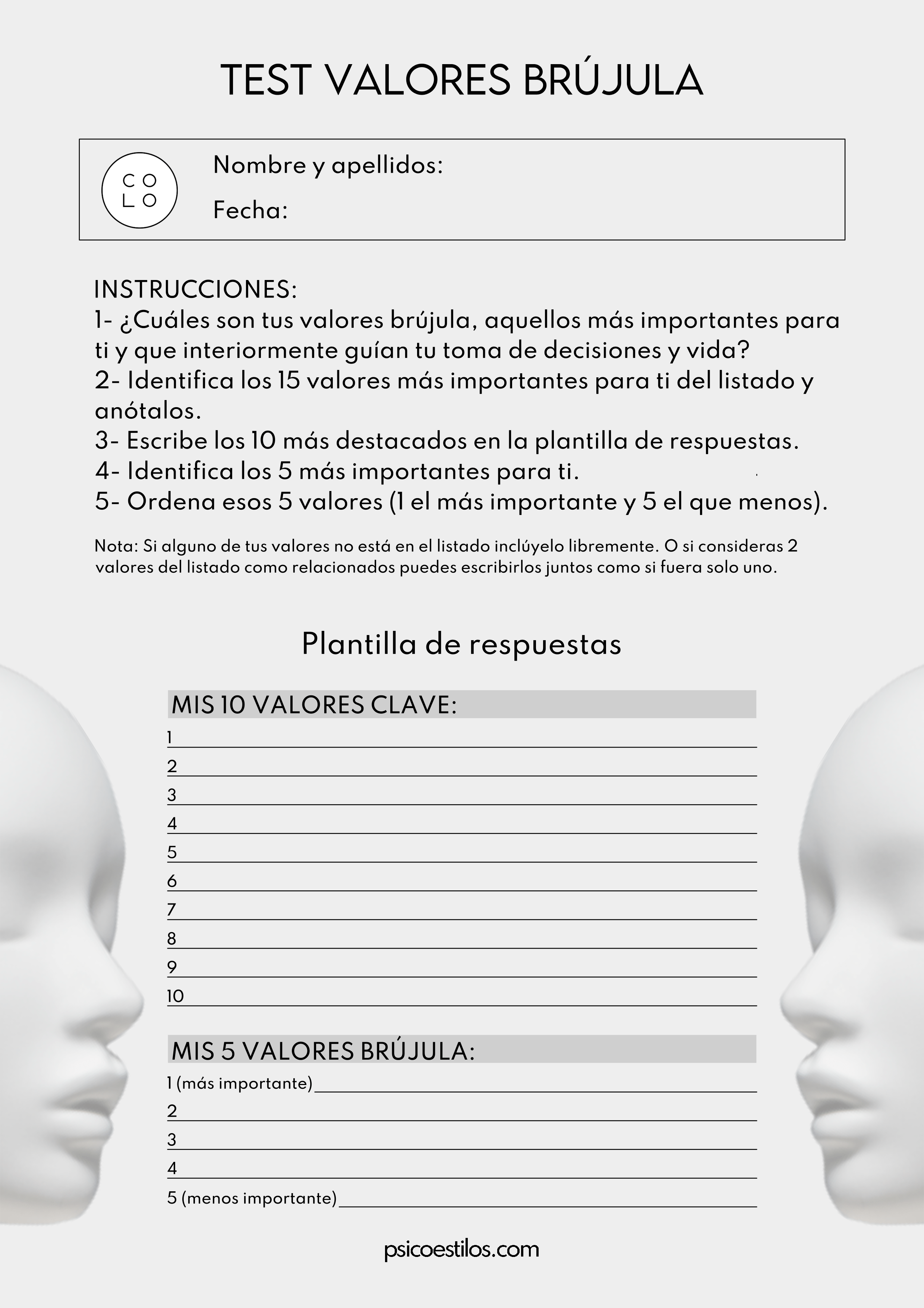 Test Valores Brújula: Instrucciones y plantilla de respuestas