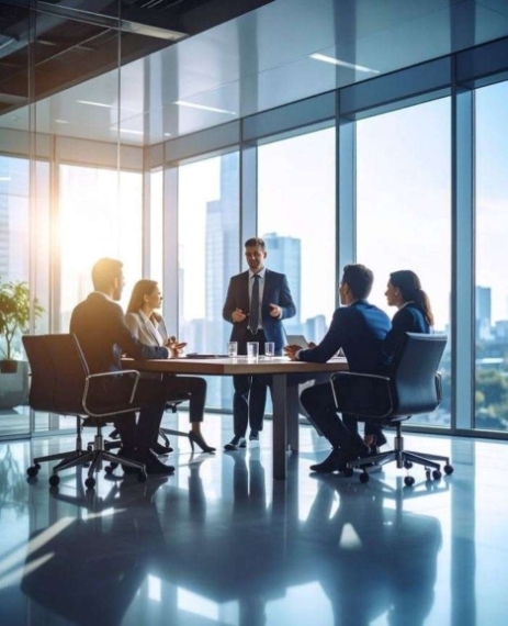 Coaching-ejecutivo-sitges-online Profesionales ejecutivos en una reunión junto a un gran ventanal corporativo